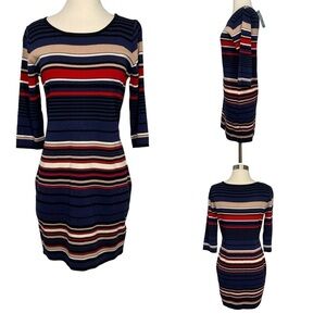 APRICOT Blue and Red Ribbed Sheath Dress with Crew Neck